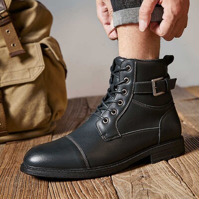 Lace up round toe leather boots with side zipper men boots