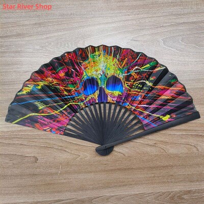 23cm Classic Folding Fan Hand Fans Rainbow Print Black Bambo