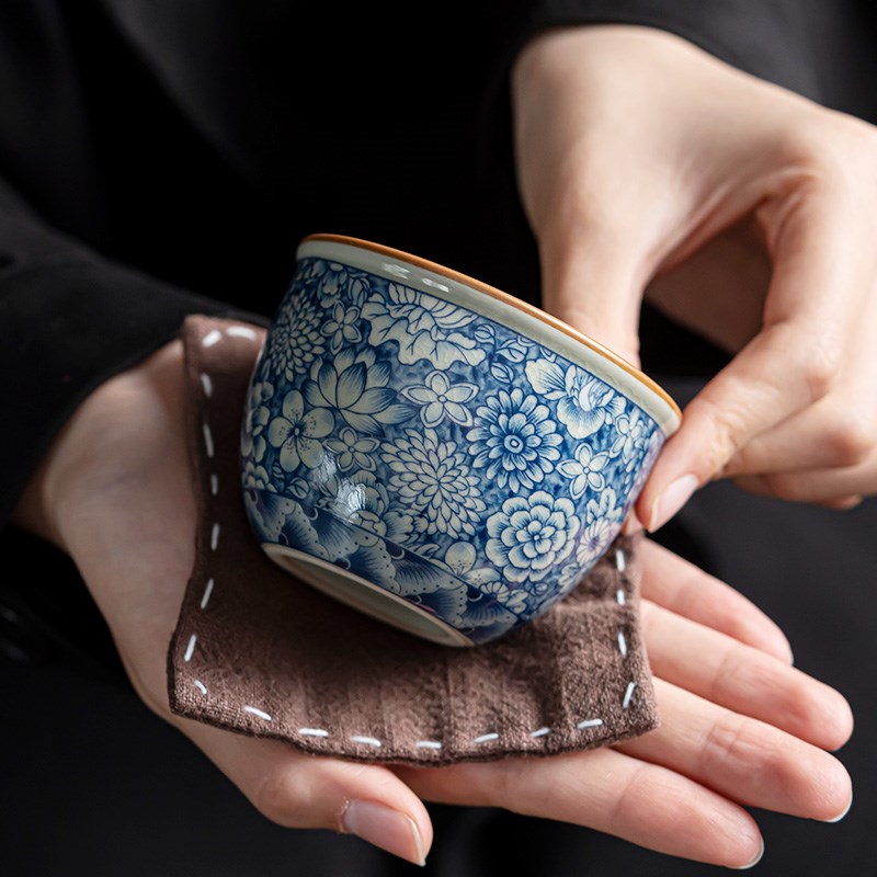 老陶泥青花陶瓷主人杯茶杯单杯品茗杯茶盏茶碗功夫茶具个开片可养