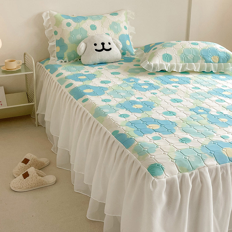 蓝色晕染双层雪纺花边床裙款乳胶凉席2三件套夏日凉感丝可折叠席,床上用品,乳胶席,淘宝优惠券,粉丝福利购,淘宝优惠卷