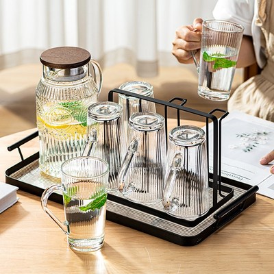 玻璃喝水杯子装家用待客厅高级感条纹带把手泡牛奶啤酒杯具