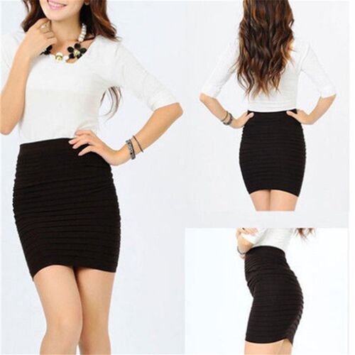 Summer Women High Waist Skirt Solid Color Elastic Pleated