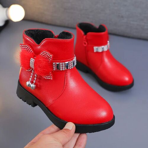 Childrens Shoes Girl Mid Length Warm Leather Boots Baby Bow