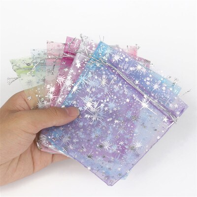 50pcs/lot 10x12cm Printing Star Organza Bags Small Christmas