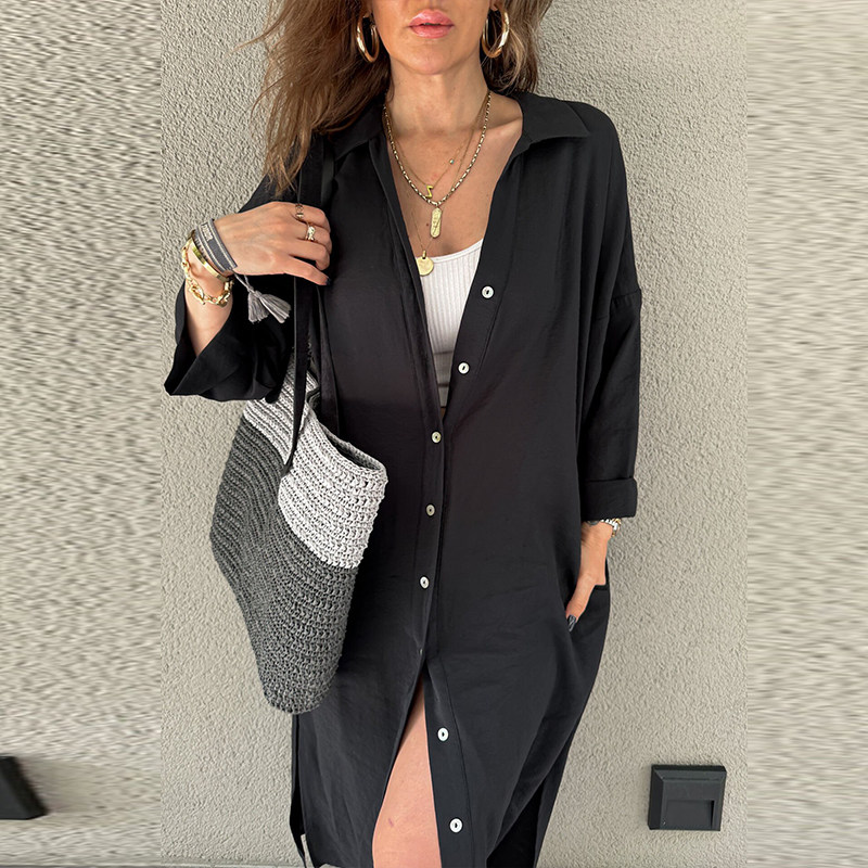 Women Casual Lapel Solid Color Maxi Dress Fashion Simple图片