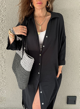 Women Casual Lapel Solid Color Maxi Dress Fashion Simple