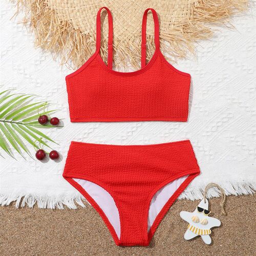 Girls Solid Textured Bikini Swimsuit Kids 7-14 Years Two Pie