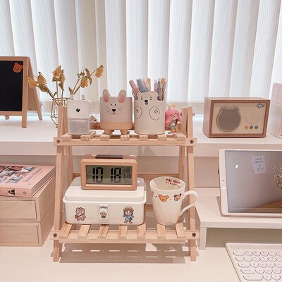 Double Layer Adjustable Wooden Bookshelf Stationery Organize