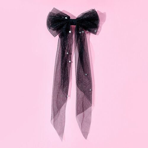 New Long Ribbon Mesh Bow Hair Clips Elegant Imitation Pearls