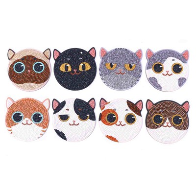 8pcs/Set DIY Diamond Painting Coasters Cat Wood Tablemat for