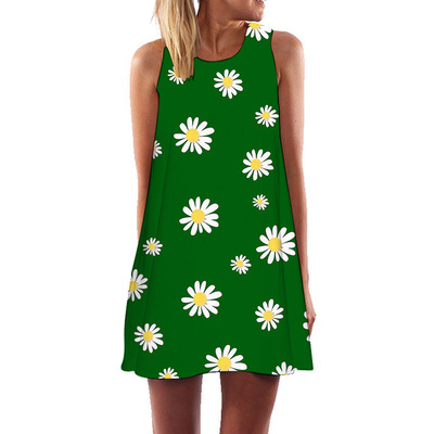 Woman Summer Dress Loose Sleeveless Sunflower Printed Mini