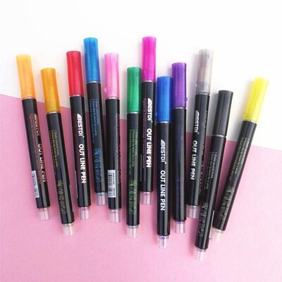 12 Color Metal Paint Marker Pen set Double Line Pen Outline