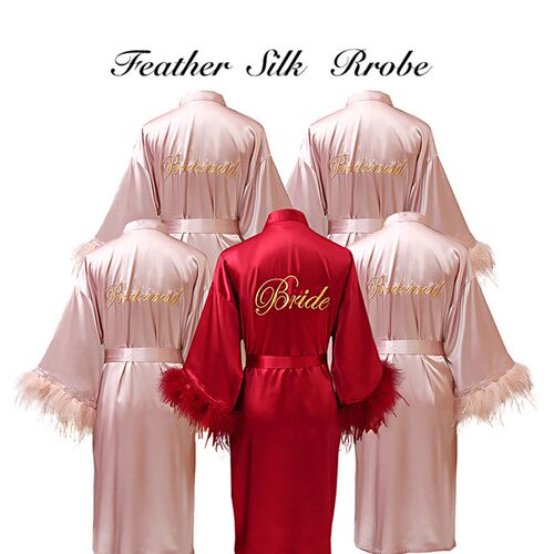 2021 New Women FEATHER Bride Bridesmaid Wedding Robe Satin K