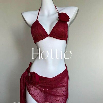 Knitted wine red triangle bag rose bikini three piece