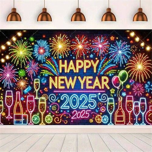 Happy New Year 2025 Backdrop Neon Glow Graffiti Family