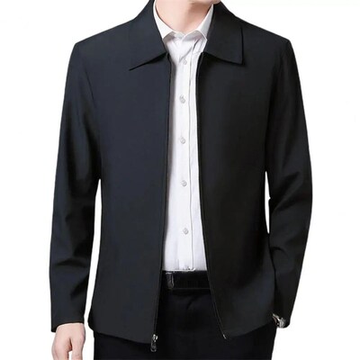 Men Coat Smooth Zipper Lapel Collar Solid Color Middle-aged