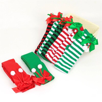 2023 Women Over Knee Socks Christmas Diagonal Striped Christ