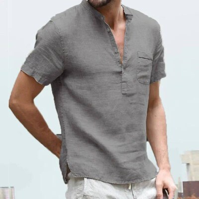 Summer Short-Sleeved Linen Shirts Mens Casual Hip Pop t-Shi