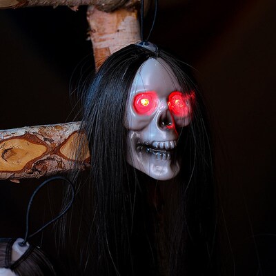 Halloween Hanging Ghost Skull with Long Hair Glowing Eyes Te