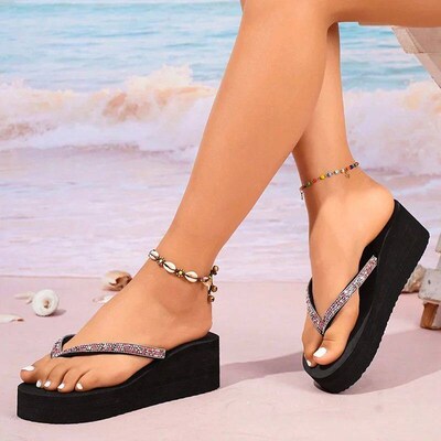 Fashion Rhinestone Beach Flip Flops for Women Thick Sole