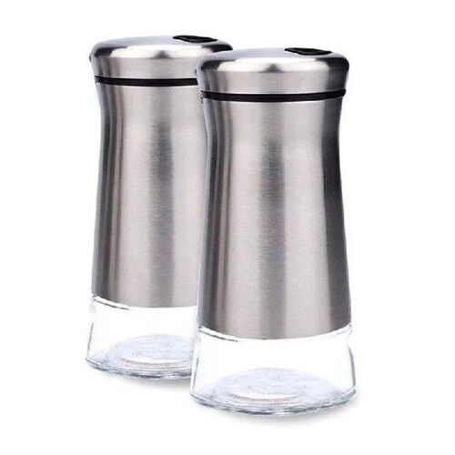 Stainless Steel Salt and Pepper Shakers Set with GlasYs Base