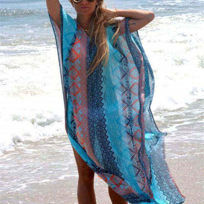 Boho Summer Printing Beach Dress Women Bathing Suit Cover Up图片