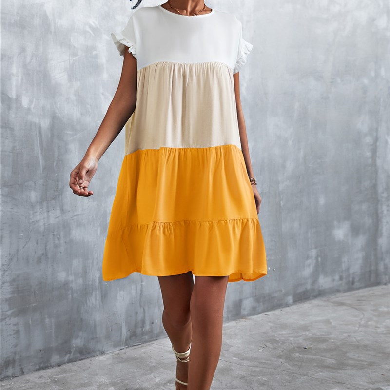 Elegant Summer New Ruffles Short Sleeve O-neck Loose Dress图片