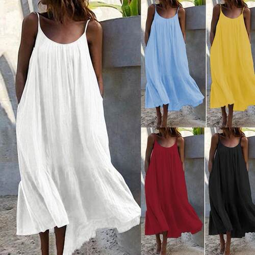 Summer Dress Low Round Neck Loose Casual Women Sling Solid