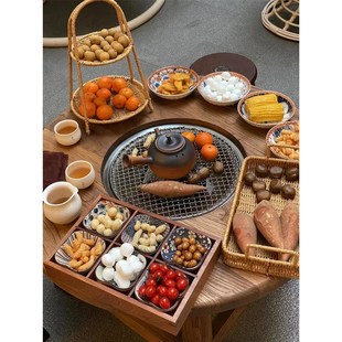 老榆木围炉煮茶桌围聚阳台庭院冬天烧烤桌电家用室内实木小圆桌椅