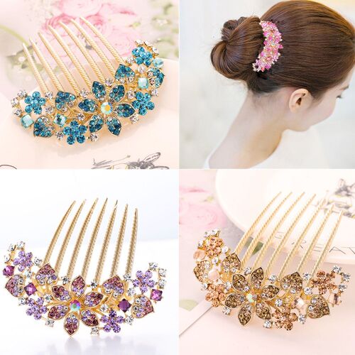 Korean Style Rhinestone Hollow Out Flower Colorful Hair Orna