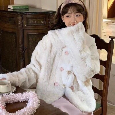 Sweet Style Ecofriendly Rabbit Fur Lapel Short Fluffy Coat f