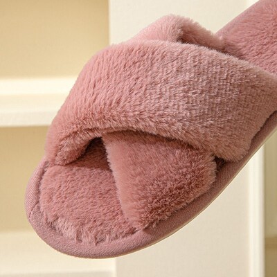 Plush Womens Cotton Slippers Home Indoor Non-slip Wooden Fl