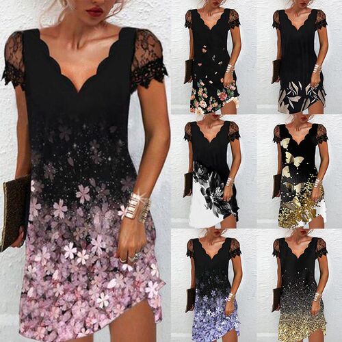 New Women Print V Neck Lace Stitching Short-sleeved Dress