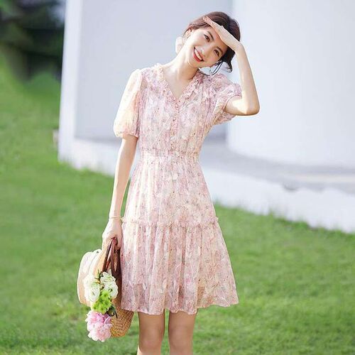 Amoi commuting ladies embroidered puff sleeve V-neck chiffon