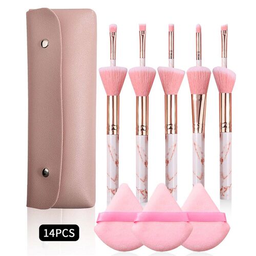 14PCS pink set with 10 marble makeup brushes +3pcs setting