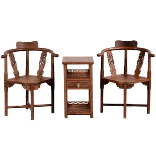 红木家具 鸡翅木圈椅三件 复古仿古中式实木太师椅茶椅原木椅子