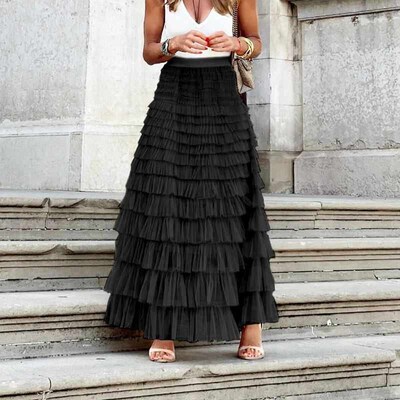Women Pleated Long Skirts Ruffles Design Elegant Sexy Mesh L