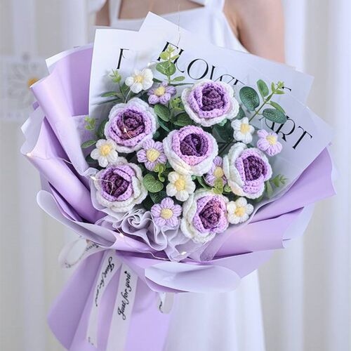 Knitting wool bouquet Gradient color rose eternal flower Bir
