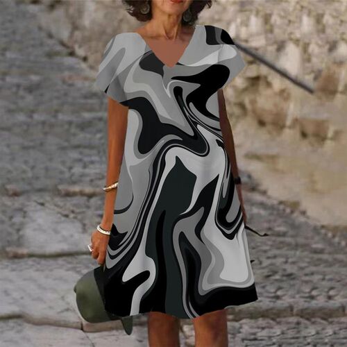 Painted Printed Summer Dress Women  New Short Sleeve V Neck