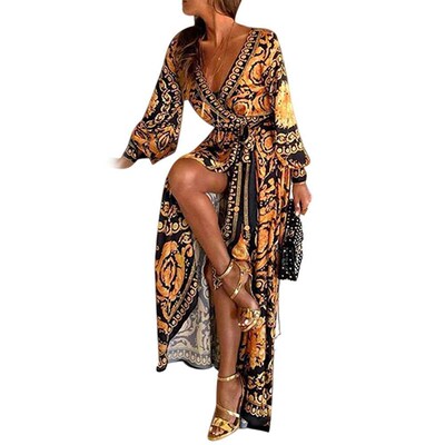 Womens Boho V-Neck Printed Sundress Long Maxi Dress for Summ