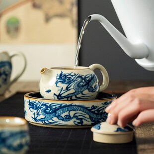 汝窑青花龙纹茶壶泡茶家用陶瓷西施壶功夫茶具中式 茶水分离沏茶器