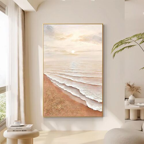 海岸日出玄关装饰画海边海浪油画客厅沙发背景墙面挂画奶油风壁画