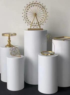 圆柱甜品台婚庆道具婚礼生日布置白色圆形甜品桌橱窗摆件蛋糕架