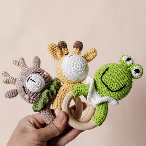 1PC Baby Rattle Toys Cartton Animal Crochet Wooden Rings Rat