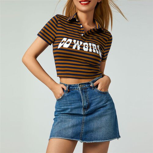 Women s Casual Short Sleeve Print Crop Top Striped Print