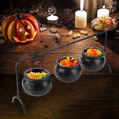 Set of 3 Witches Cauldron Serving Bowls on Rack Halloween