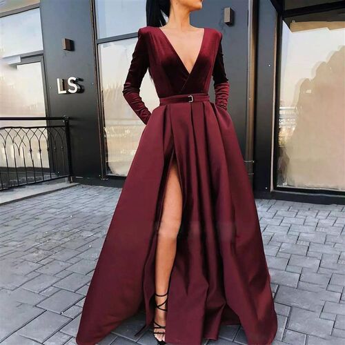 Womens Deep V Autumn Evening Dress Glossy Long Sleeve Waist