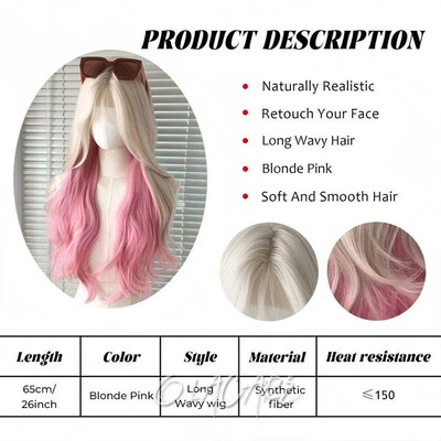 OLACARE Curly Long Wavy Pink Blonde Highlights Synthetic