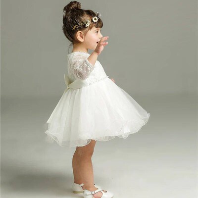 Baby Girl White Lace Princess Dress, Vestido de Batismo Infa