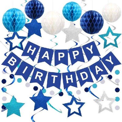 Blue Birthday Decorations, Happy Birthday Banner With